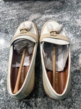 Franco Sarto Two-Tone Cream and White Tassel Loafers